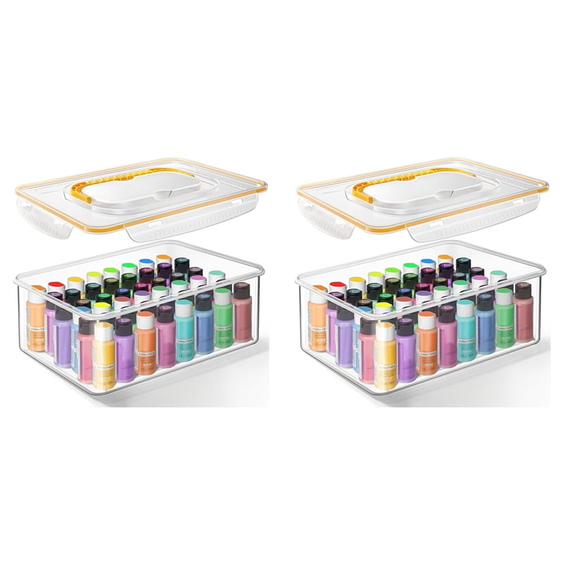 2X Acrylic Paint Storage Box for 2 Fl. Oz Acrylic Paints, 48 Bottles Capacity, Brushes Craft Organizer with Handle