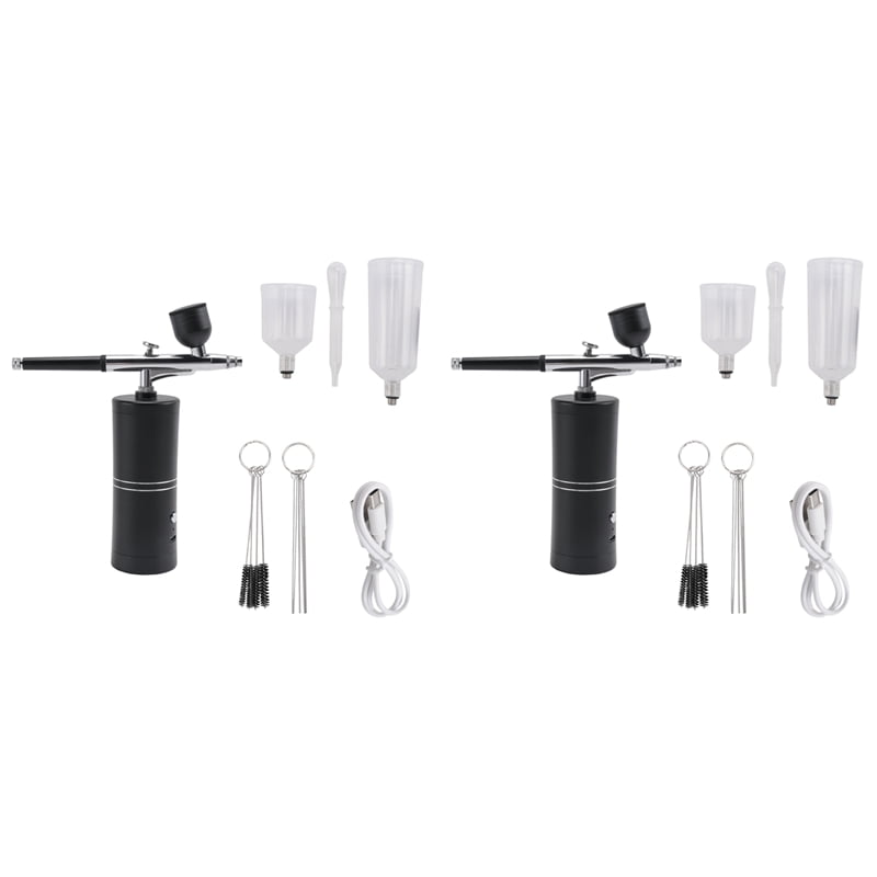 2X Airbrush Kit with Compressor Rechargeable Cordless Non-Clogging High-Pressure AirBrush Set,2 x Airbrush 4 x Plastic Cups 2 String x Brushes 2 String x Needles 2 x Dropper 2 x Charging Cable,Black