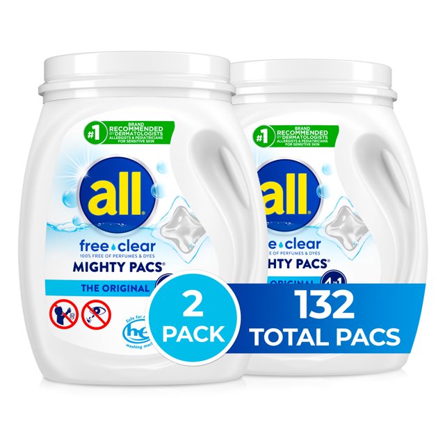 2XAll Mighty Pacs With Stainlifters Free Clear Laundry Detergent, Free