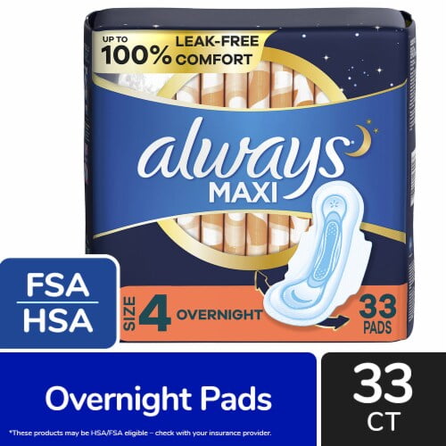 2X - Always Maxi Pads with Wings Overnight Absorbency Size 4 Unscented 33 count