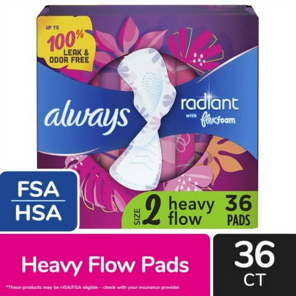 2X - Always Radiant FlexFoam Pads with Wings Heavy Flow Absorbency Size 2 Scented