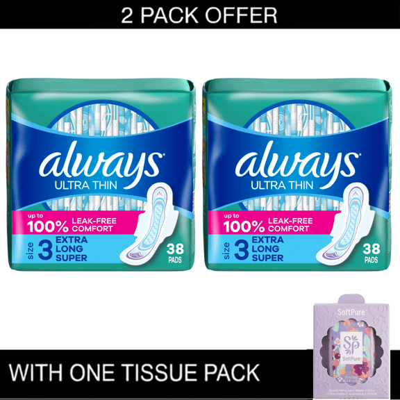 2X | Always Ultra Thin Daytime Pads with Wings, Size 3, Unscented, & Tissue Pack