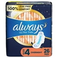 thumbnail image 1 of 2X - Always Ultra Thin Pads For Women, Size 4 Overnight Absorbency, Unscented With Wings, 26 Count, 1 of 3
