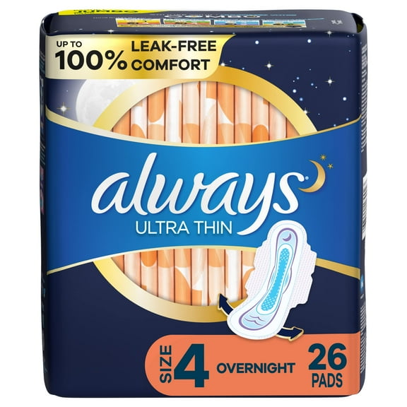 2X - Always Ultra Thin Pads For Women, Size 4 Overnight Absorbency, Unscented With Wings, 26 Count