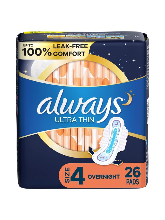 2X - Always Ultra Thin Pads For Women, Size 4 Overnight Absorbency, Unscented With Wings, 26 Count
