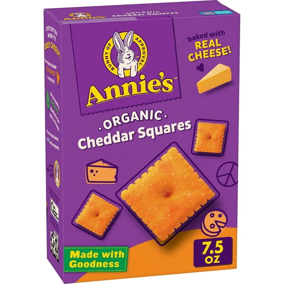 Pack of 2 - Annies Organic Cheddar Squares, Baked Cracker Snacks, 7.5 Oz Packaging May Vary