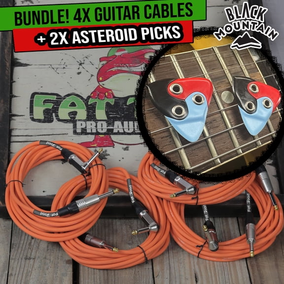 2X BLACK MOUNTAIN Asteroid Guitar Picks With Fat Toad Instrument Cables 4 PACK