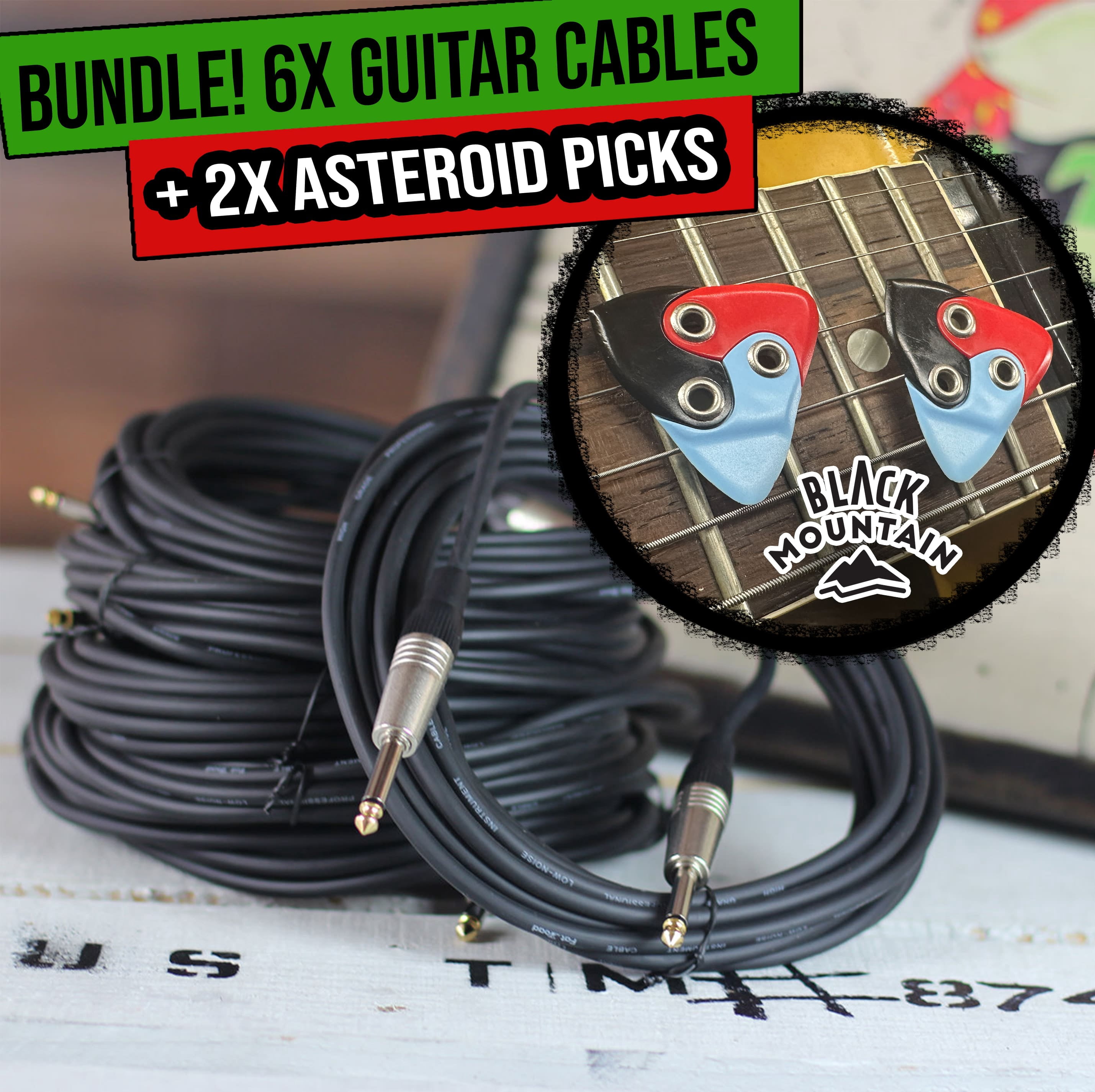 2X BLACK MOUNTAIN Asteroid Guitar Picks With Fat Toad Instrument Cables 6 PACK