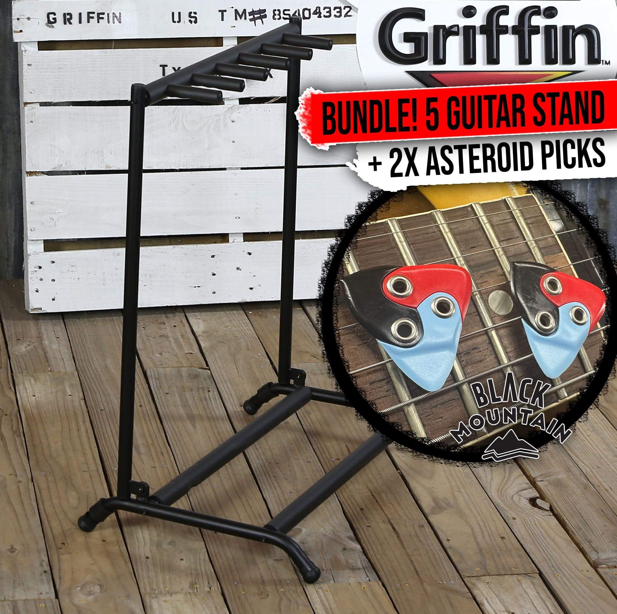 2X BLACK MOUNTAIN Asteroid Guitar Picks With Five Guitar Rack Stand by Griffin