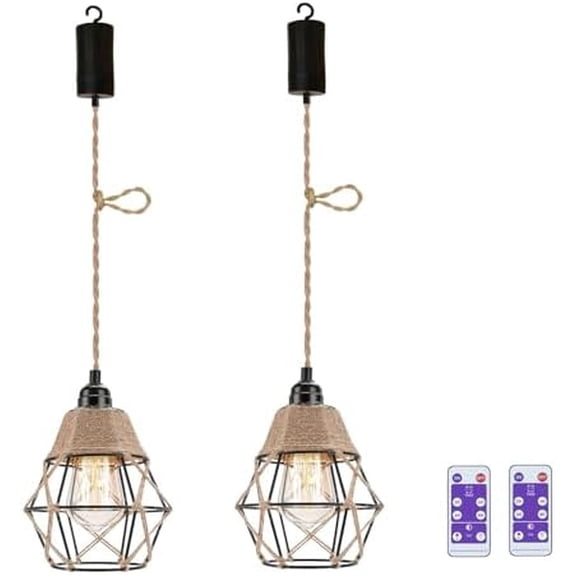 2X Battery Operated Pendant Lights Kitchen Island Chandelier for Outdoor Gazebo Hanging Lamp with Remote LED Bulbs Bohemian Decor for Plant Shelf Shelves Porch Bedroom Living Room Corner