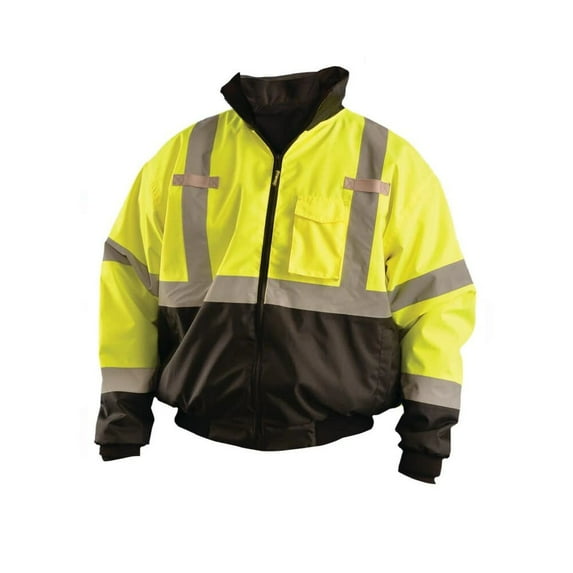 2X Black/Hi-Viz Yellow Classic Three-Way Black Bottom Bomber PU Coating Waterproof Polyester Class 3 Jacket With Zipper Closure, 2'' Silver Reflective Tape And Eight Pockets