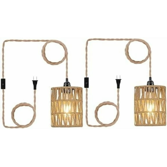 2X Boho Plug in Pendant Light, Hanging Light with Plug in Cord Ceiling Lamp Rattan Cylinder Lamp Shade On-Off Switch Hanging Plant Shelf Shelves Bohemian Decor for Bedroom Living Room Corner
