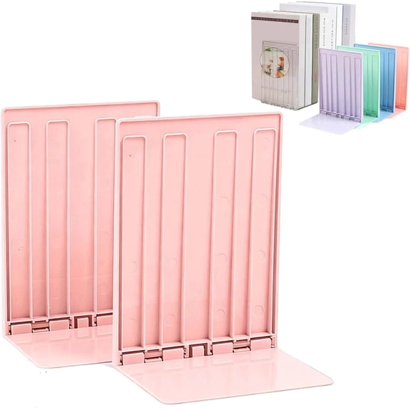 2X Bookends, Book Holder Foldable CD Holder, L Shaped Video Game Organizer Book Stopper for Shelf School Desktop Office Library(Pink)