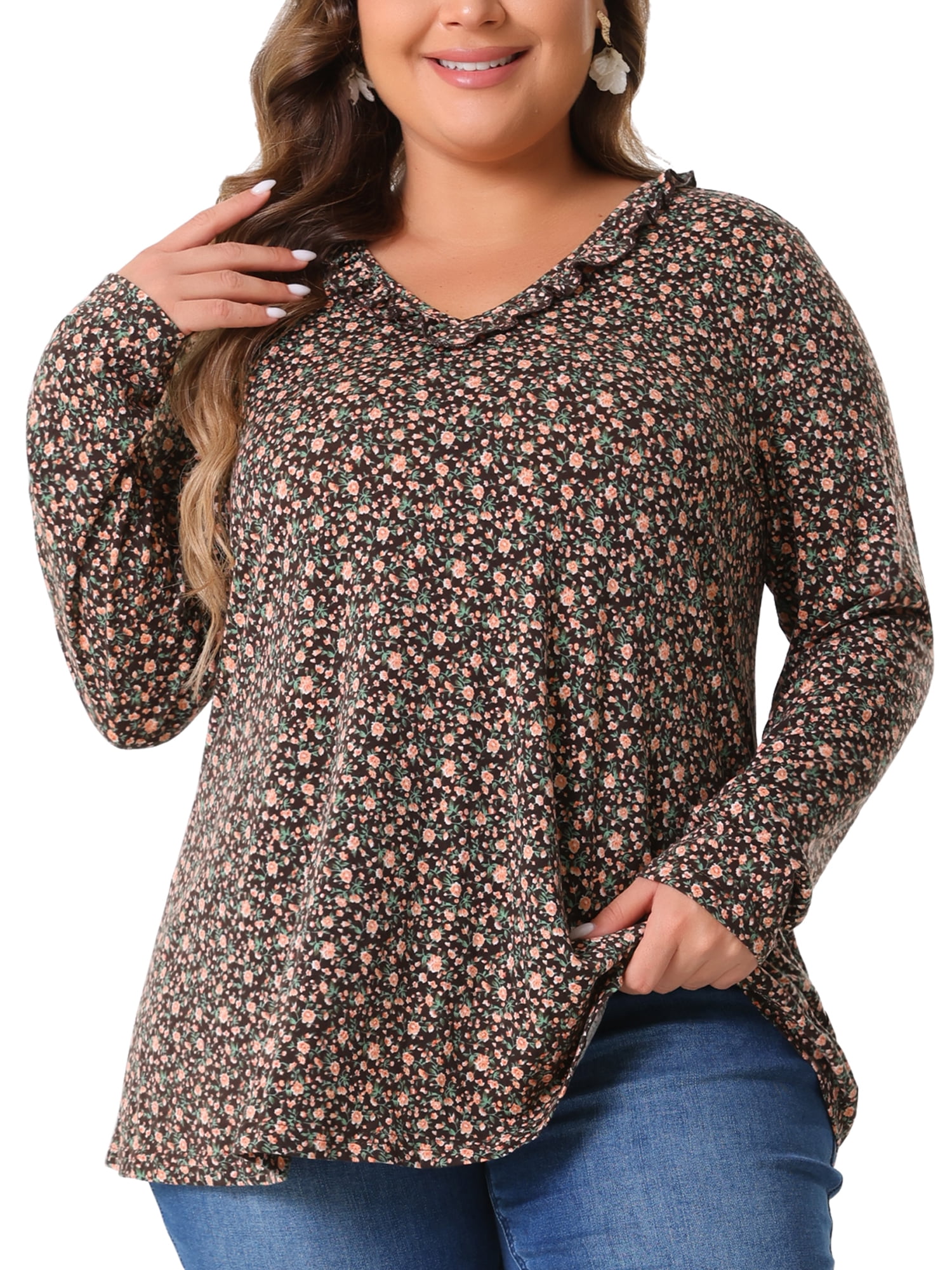 DARING DIVA Women's Plus Size Floral V Neck Long Sleeve Ruffle Tunic Blouses 2X Brown Orange