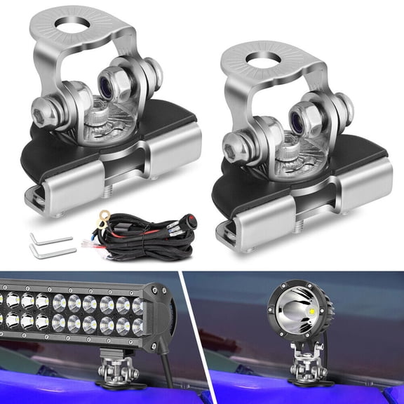 2X Car A-Pillar Front Bonnet Hood Mount Bracket For LED Light Bar Cube Pod +Wire