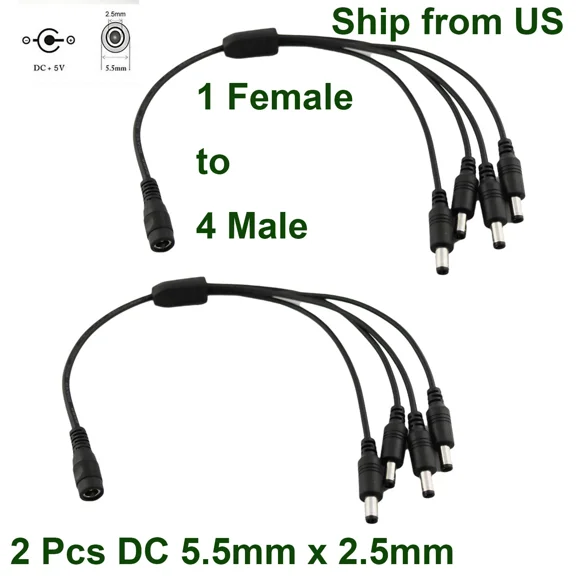 2X Cctv Dc Power Splitter Cable 5.5Mm X 2.5Mm Female To 4 Male Connector Led Dvr