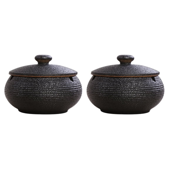 2X Ceramic Ashtray with Windproof Lid for Indoor Outdoor Use -Black