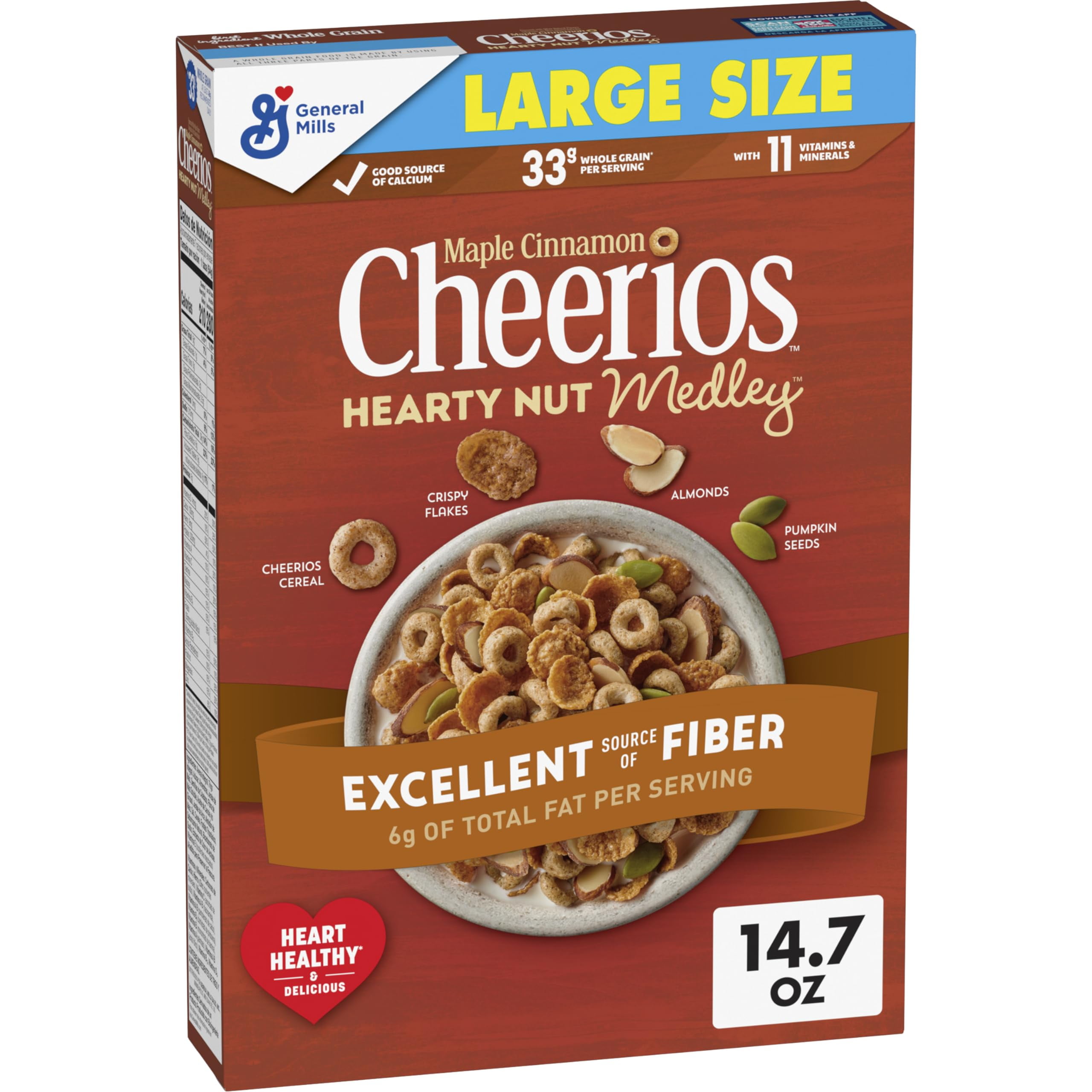 2X - Cheerios Hearty Nut Medley Breakfast Cereal, Maple Cinnamon Flavored, Made With Whole Grain, Large Size, 14.7 Oz
