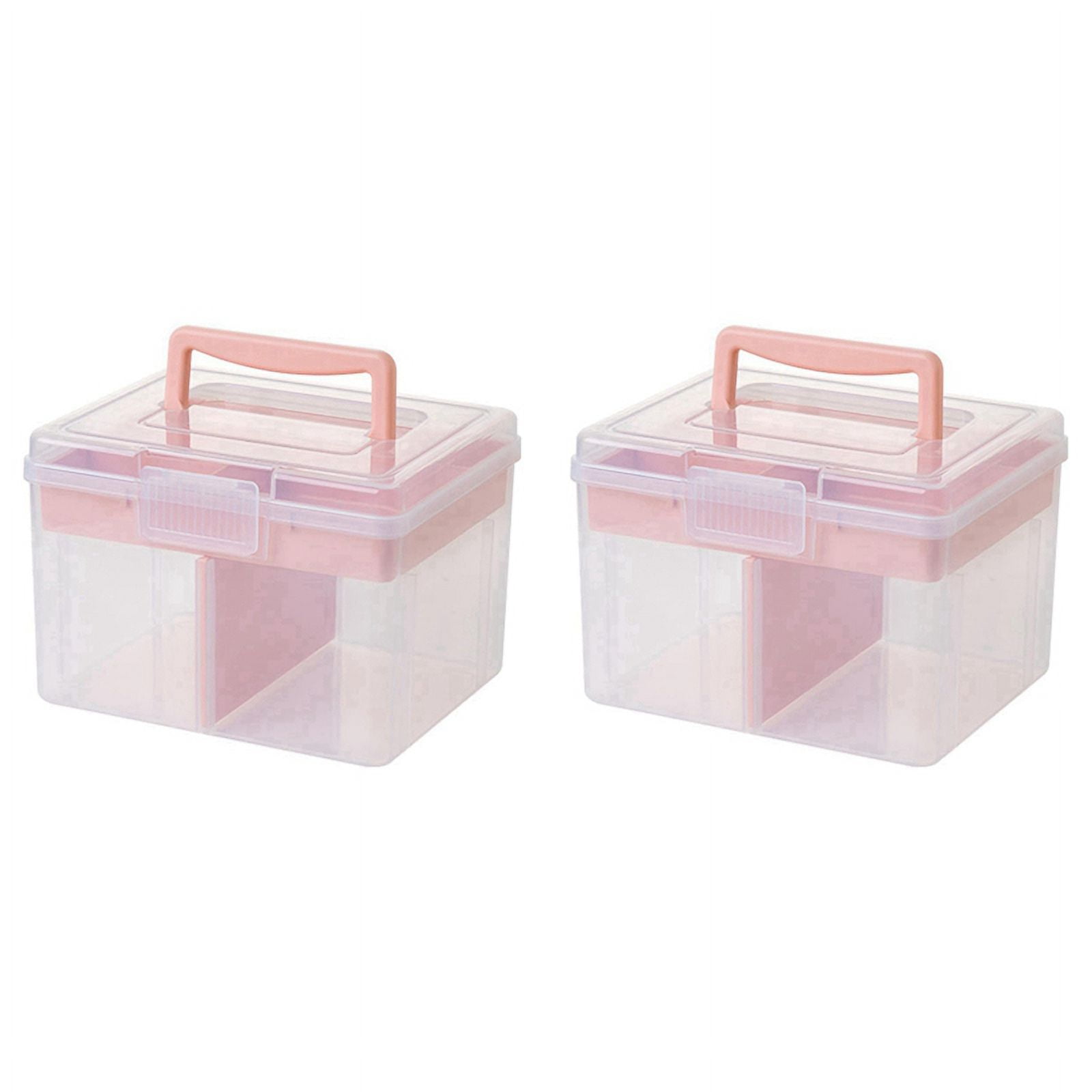 2X Clear Craft Stackable Storage Box with Storage Tray Plastic Multipurpose Storage Container Portable Travel Case, Pink