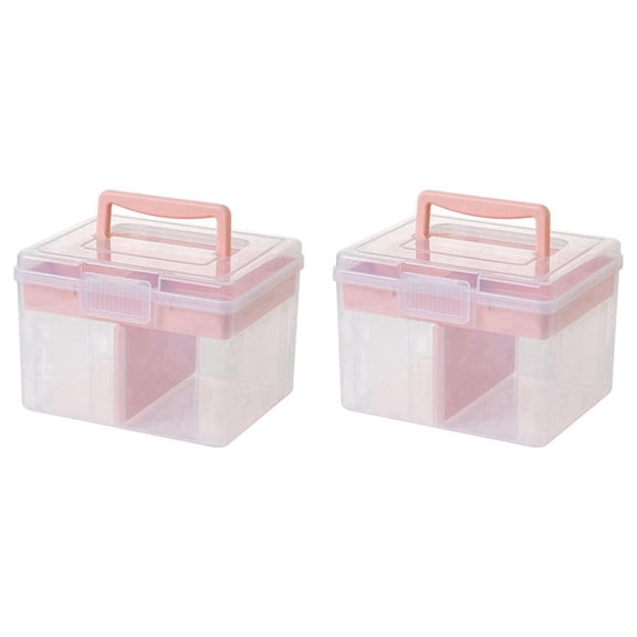 2X Clear Craft Stackable Storage Box with Storage Tray Plastic Multipurpose Storage Container Portable Travel Case, Pink