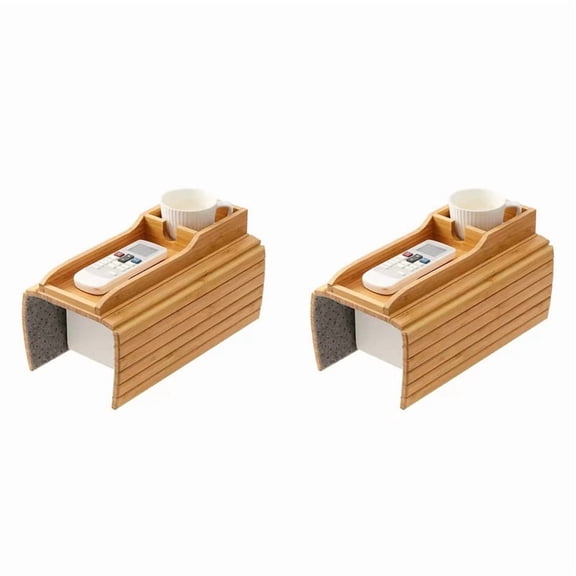 2X Couch Cup Holder, Couch Drink Holder, Natural Bamboo Sofa Cup Holder Armrest Tray, Portable Couch Arm Tray Table