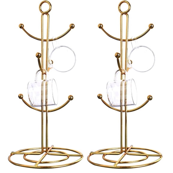2X Countertop Mug Tree, 6 Hook Coffee Cup Dryer Kitchen Coffee Mug Tree Countertop Tea Cups Holder Stand,Gold,2 x Metal cup holder,gold