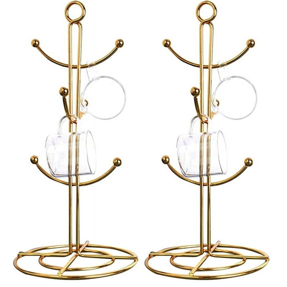 2X Countertop Mug Tree, 6 Hook Coffee Cup Dryer Kitchen Coffee Mug Tree Countertop Tea Cups Holder Stand,Gold