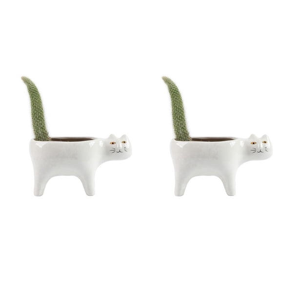 2X Cute Cat Ceramic Garden Flower Pot Animal Image Cactus Plant Planter Plant Container White
