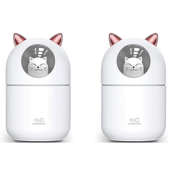 2X Cute Cat Cool Mist Humidifier Cat Night Light Essential Pure Air for Baby Room,Easy Clean Quiet Operation White,2 x Cool Mist Humidifier 2 x USB Cable,White