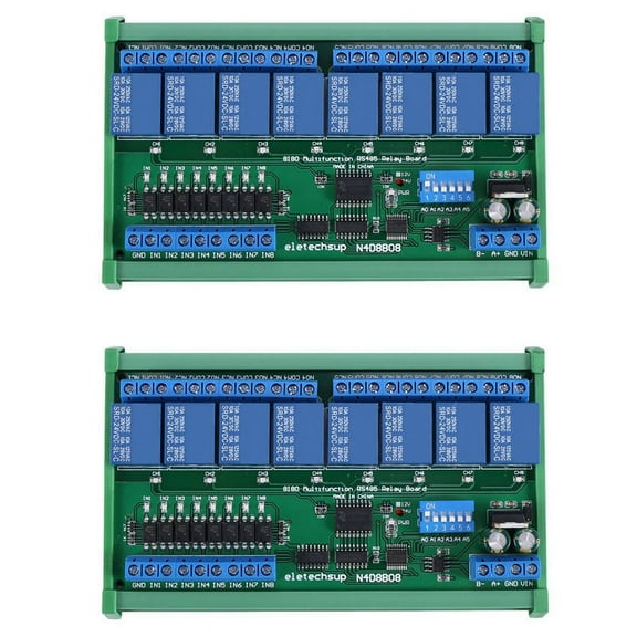 2X DC 24V 8 Ch RS485 Relay Board Modbus RTU UART Remote Control Switch DIN35 Rail Box for PLC Automation Control,2 x 8 input 8 output DIN rail RS485 controller module,green