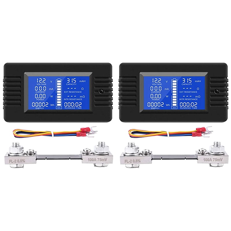 2X DC Battery Monitor Power Meter Ammeter Digital DC 0-200V Shunt 100A Multimeter, Meter Voltmeter Capacity Tester