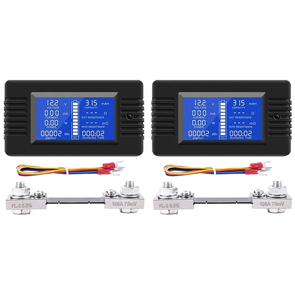 2X DC Battery Monitor Power Meter Ammeter Digital DC 0-200V Shunt 100A Multimeter, Meter Voltmeter Capacity Tester