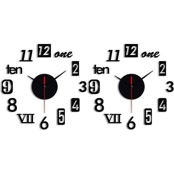 2X DIY Wall Clock - Modern 3D Mirror Wall Clock Decor,Roman Numerals Clock - Wall Sticker Clock Home Room Decor Black