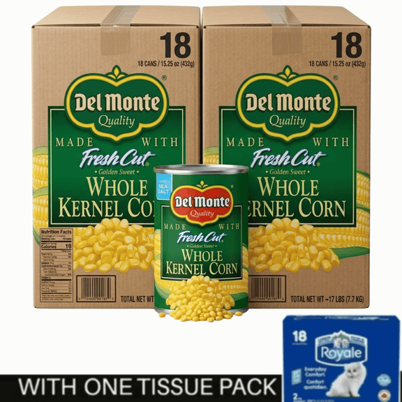 2X Del Monte Fresh Cut Golden Sweet Whole Kernel Corn, Canned Vegetables, 15.25 oz Can with tissue pack