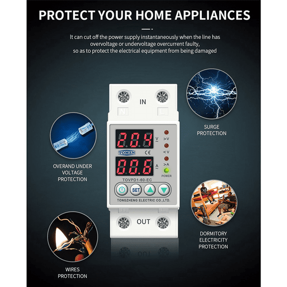 2X Din Rail Dual Display Adjustable Over Voltage Current and Under Voltage Protector Relay 40A 220V 230V