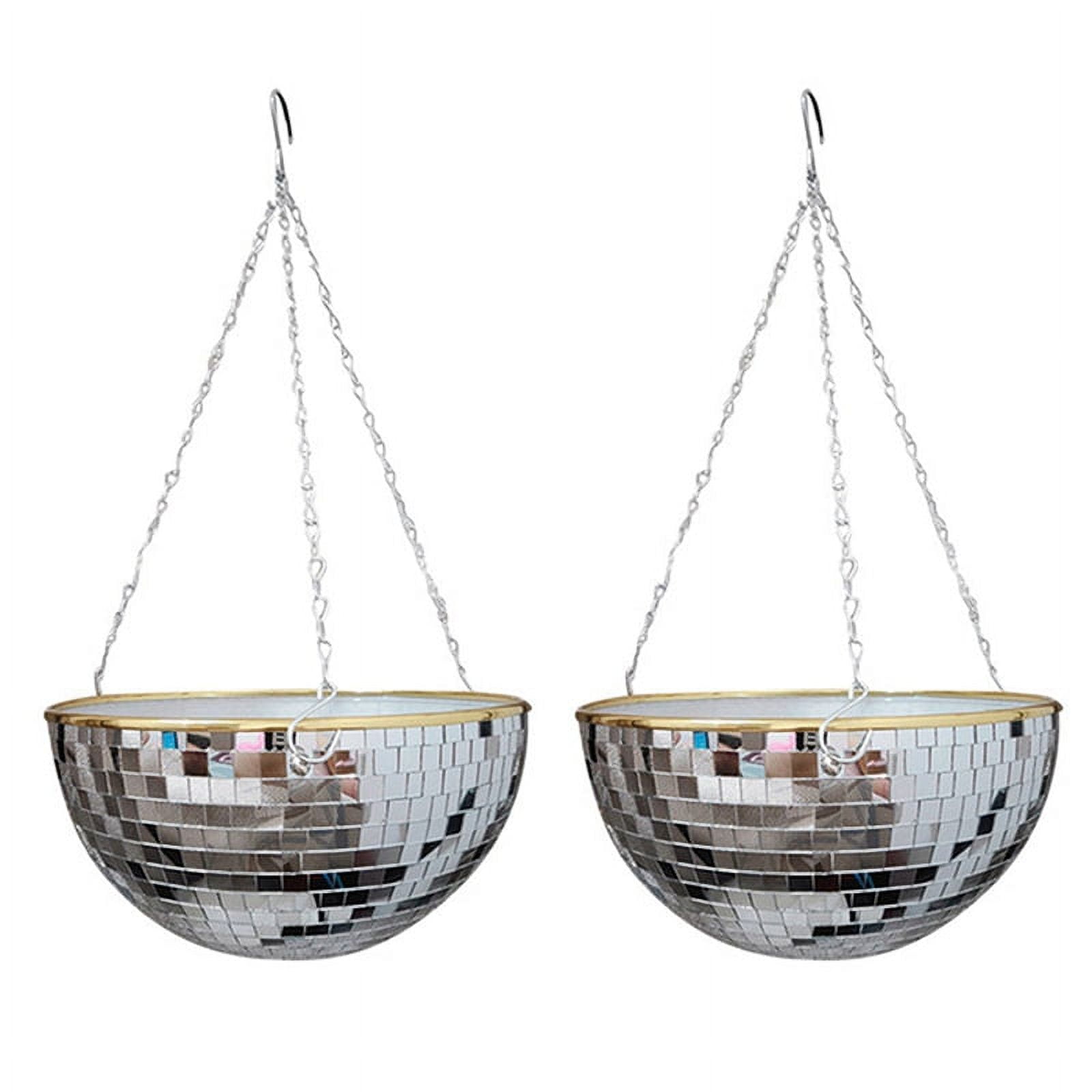 2X Disco Planter Shape Hanging Vase Flower Planter Pots with Drainage Mirror Hanging Basket Garden Decoration-XL