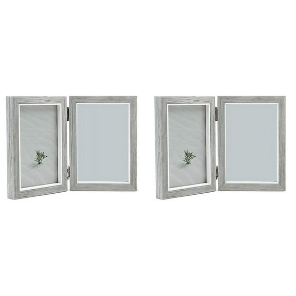 2X Double Picture Frame 4X6in Grey Photo Frames Wooden Hinged Folding
