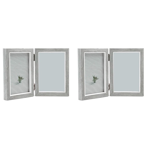 2X Double Picture Frame 4X6in Grey Photo Frames Wooden Hinged Folding
