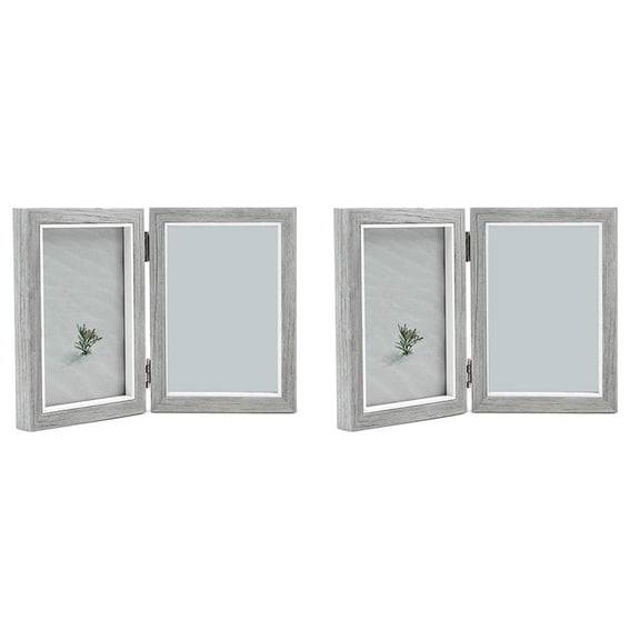 2X Double Picture Frame 4X6in Grey Photo Frames Wooden Hinged Folding