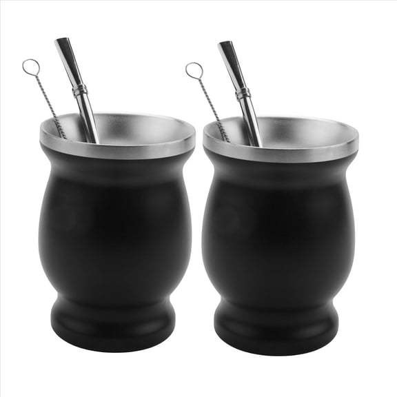 2X Double-Wall Stainless Yerba Gourd Mate Tea Set Coffee Water Mate Tea Cup with Spoon Straw Bombilla 8Oz,2 x cup 2 x spoon straw 2 x cleaning brush,Black