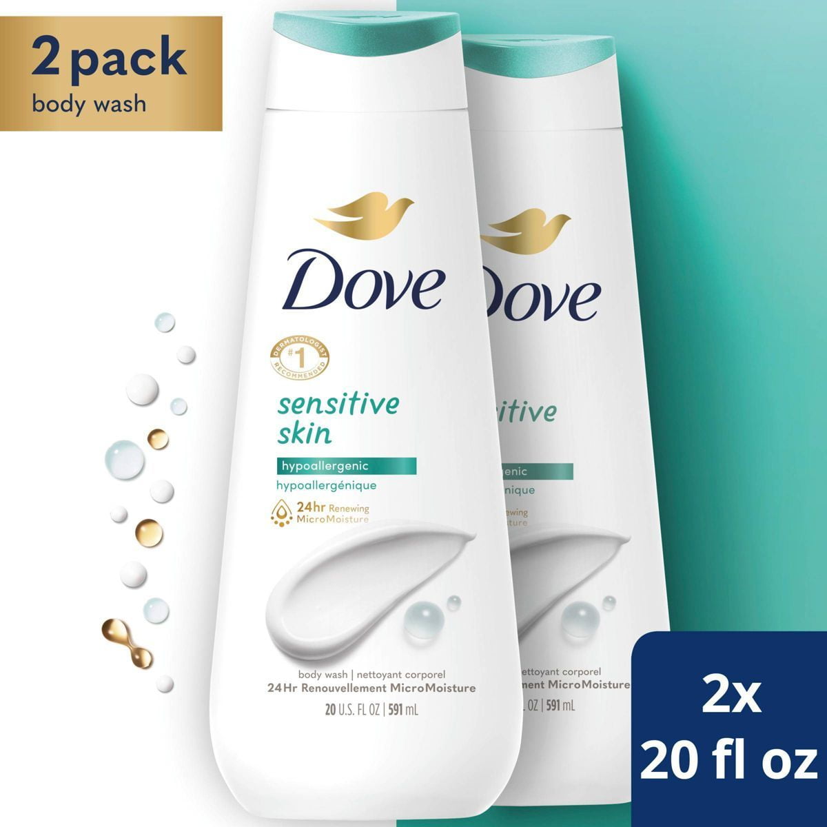 2X Dove Sensitive Skin Hypoallergenic Body Wash 20 fl oz/2pk