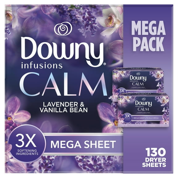 2X - Downy Infusions Mega Dryer Sheets, Laundry Fabric Softener, Calm, Lavender And Vanilla Bean, 130 Count