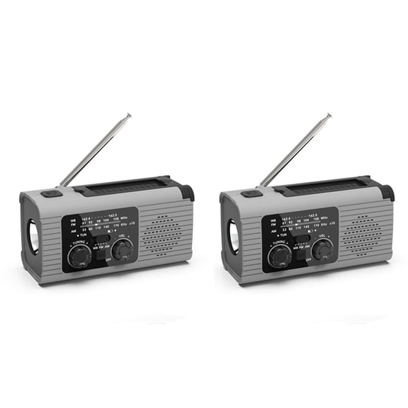 2X Emergency Weather Radio, 4000MAh Weather Alert Radio Solar Charging, Hand Crank & USB , AM/FM Radio - Gray