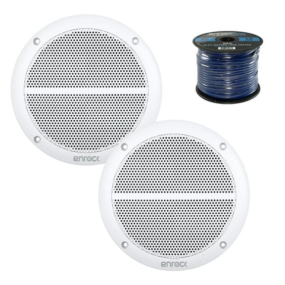2X Enrock Marine EM602W Dual 6.5" Inch Weather Resistant Full Range Speakers 250 Watts Peak, Enrock Audio Marine Grade Spool of 50 Foot 16-Gauge Speaker Wire