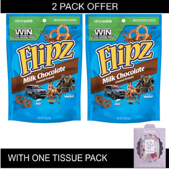 2X Flipz Milk Chocolate Covered Pretzels, 7.5 oz with tissue pack