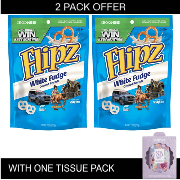 2X Flipz White Fudge Covered Pretzels, 7.5 oz with tissue pack