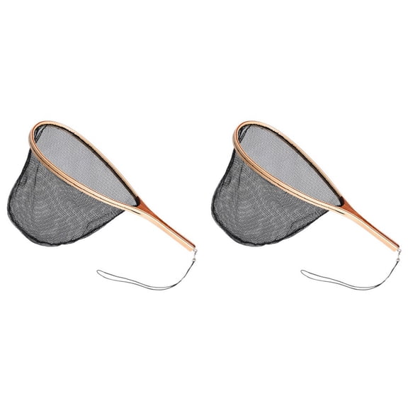 2X Fly Fishing Landing Net Wooden Handle Nylon Landing Handle Trout Mesh Fish Catch Release Scoop Fishing Tool
