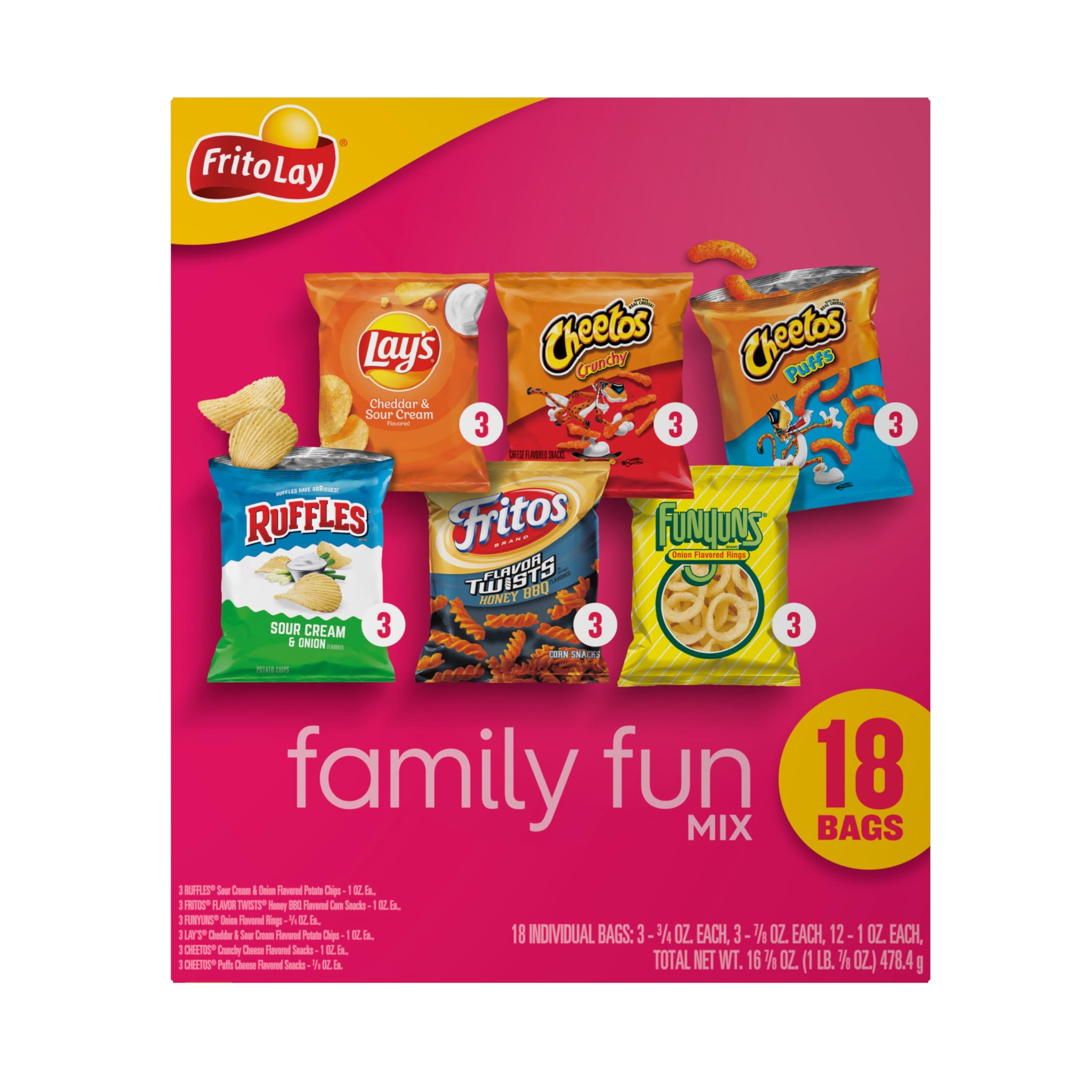 2X - Frito-Lay Snacks Family Fun Mix Chips Variety Pack, Ruffles, Fritos, Cheetos, Lay,S, Funyuns,18 Count(Pack Of 1)(Assortment May Vary)