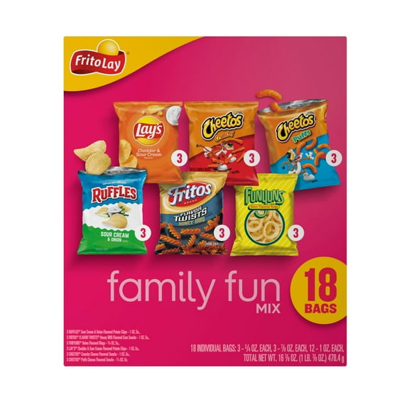 2X - Frito-Lay Snacks Family Fun Mix Chips Variety Pack, Ruffles, Fritos, Cheetos, Lay,S, Funyuns,18 Count(Pack Of 1)(Assortment May Vary)