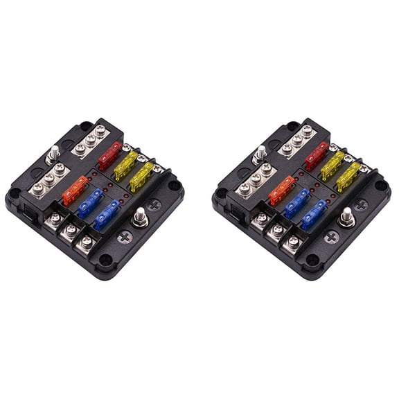 2X Fuse Box with Negative Bus, 6 Way Blade Fuse Holder Block with LED Indicator for 12V Boat Car Automotive Truck Marine